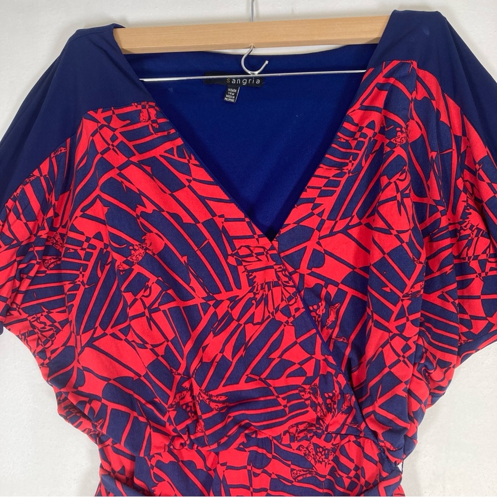 Sangria Red Navy Geometric Wrap  Dress V neck Size 14W Tie Dolman Sleeve - Picture 4 of 16